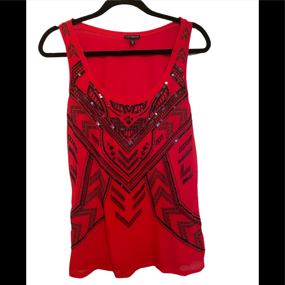 Express Sleeveless Red Shirt with Black Sequins and Rhinestones